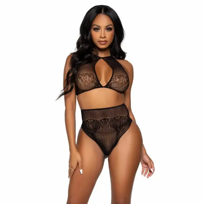 Leg Avenue Two-Piece Halter Crop Top & High-Waist Thong Set – Black – One Size