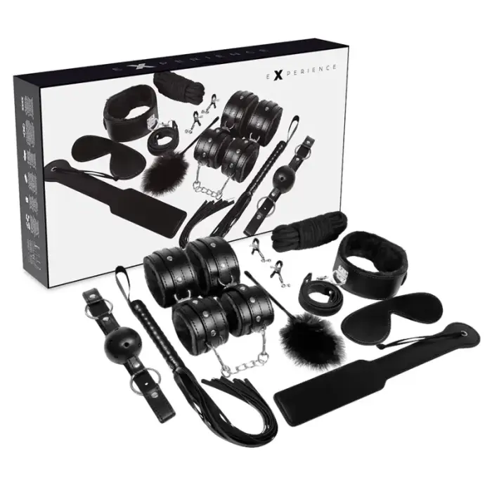 Experience Black Series – bondage set, 11 pieces (cuffs, gag, whip, paddle, rope, collar with leash) – black