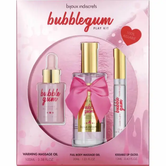 Bijoux Indiscrets Bubblegum Play Kit – warming oil, massage gel, lip gloss