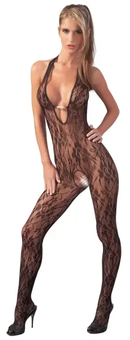 Melns tīkliņa catsuit ar kakla siksniņām un atvērtu starpkāju – L/XL Foto 2