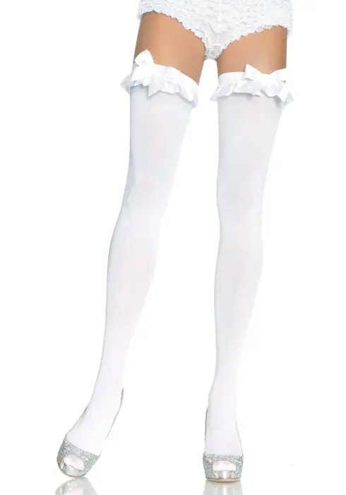 Opaque Thigh Highs With Bow – White – One Size