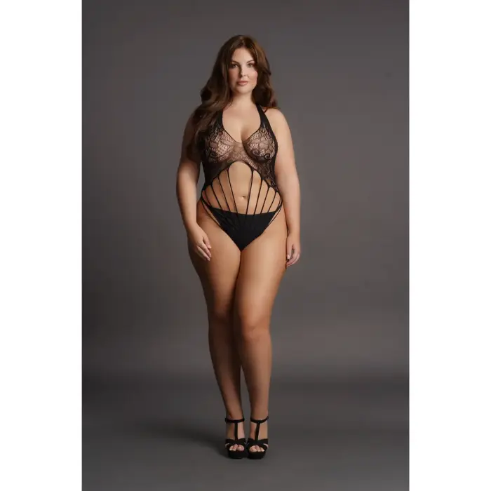 Mežģīņu bodijs ar lencītēm – Plus size – melns Foto 4