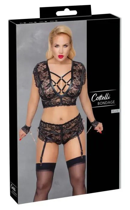 Cottelli BONDAGE krūštura un atvērtu apakšbikšu ar zeķturiem komplekts – 4 XL – melns