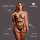 Luxe – открытая портупея на тело с накладками на соски и золотыми деталями – чёрная – Queen size — Фото 5