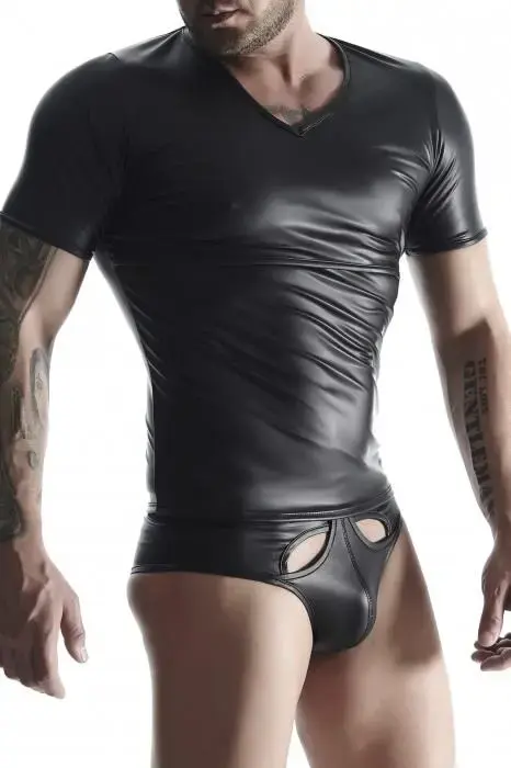 Men's Wet Look V-Neck T-Shirt with Chest Access – Black – M