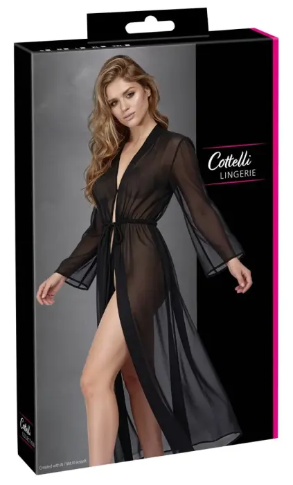 Cottelli Lingerie – long transparent chiffon kimono – black – 2XL