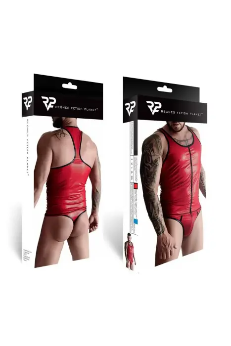 Vyriškas wetlook marškinėliai be rankovių ir stringų komplektas su dekoratyvia priekine juosta – raudonas – S Photo