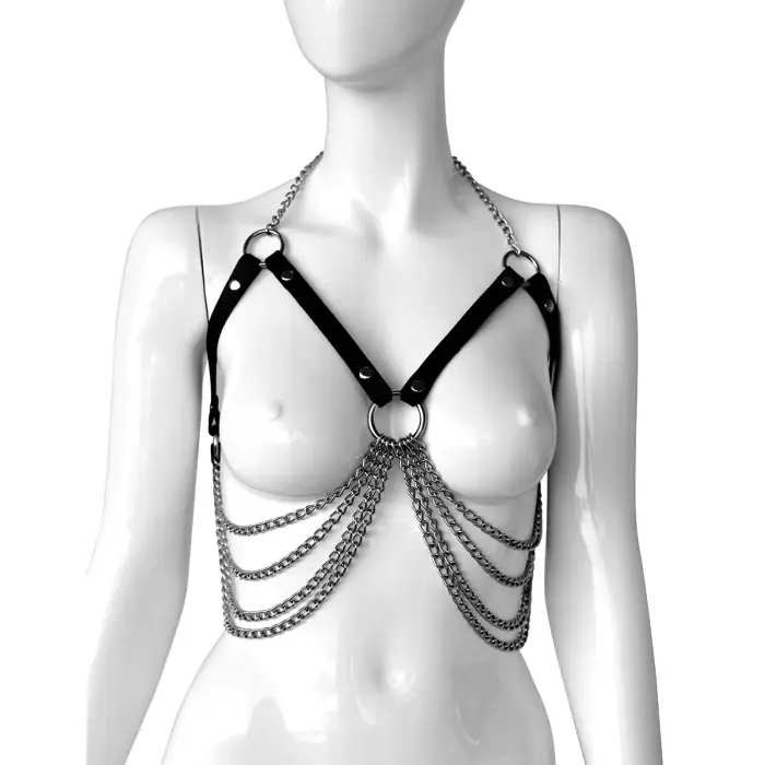 Adjustable Genuine Leather BDSM Bra with Chains – Black