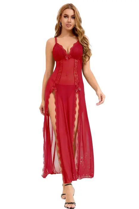 Paris Hollywood Long Lace Chemise and Thong Set – Red – S/M