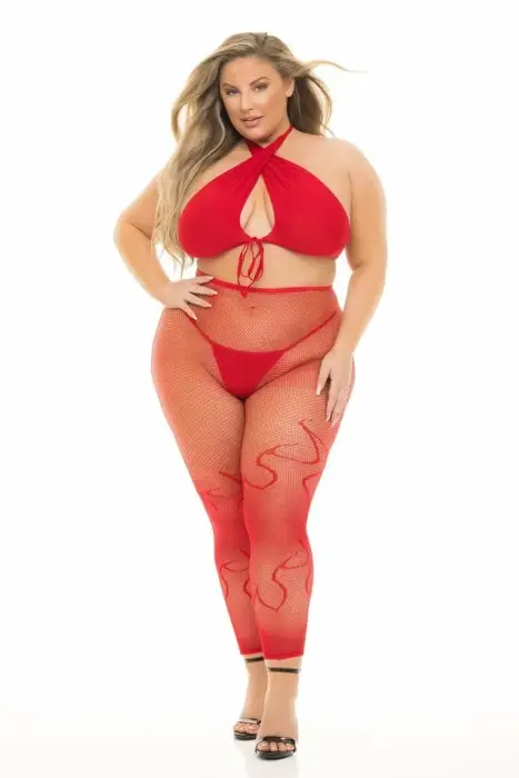 Gives You Hell – 3-piece halter top, thong and net leggings set with flame print – plus size – red