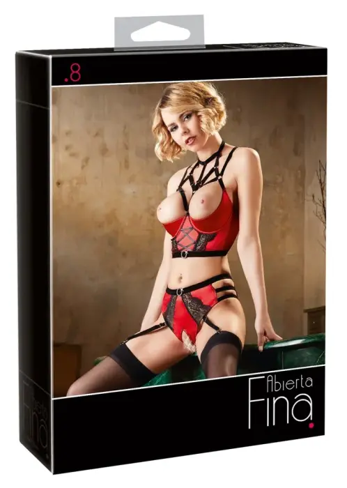 Hebeset Satin Bustier Set with Garter Straps – Red – 85B/L