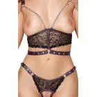 Cottelli BONDAGE откровенный кружевной комплект из искусственной кожи с топом с открытыми чашечками, трусиками с открытой промежностью и наручниками – чёрный/фиолетовый – M — Фото 8