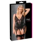 Cottelli CURVES – 2-piece basque and open string set – black satin and floral lace – size XL — Photo 1