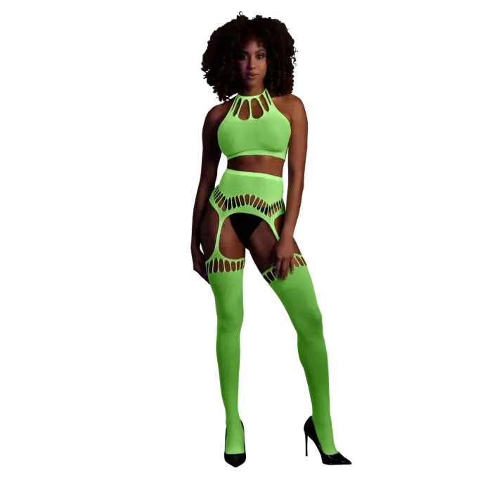 Two Piece Set with Crop Top and Stockings – Neon Green – One Size Photo