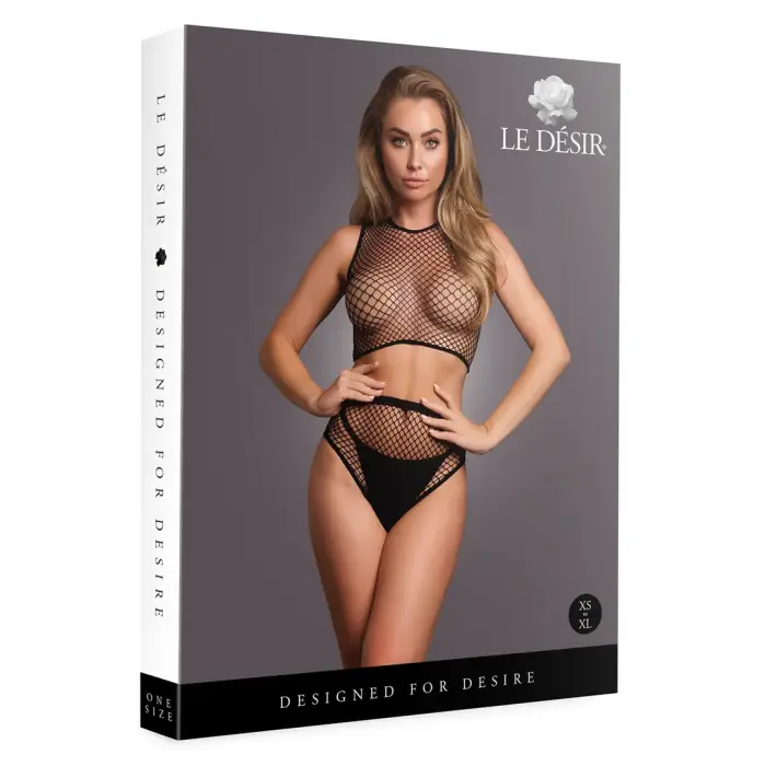 2 Pc Crop Top and Pantie Set with Mesh Structure – Black – One Size