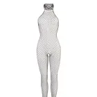 Melns tīkliņa catsuit ar mežģīņu apkakli un atvērtu starpkāju – S/M Foto 5