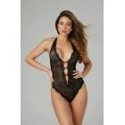 Christine Rose – halterneck textronic ziedu mežģīņu body ar atvērtu starpi – melns – L/XL — Foto 1