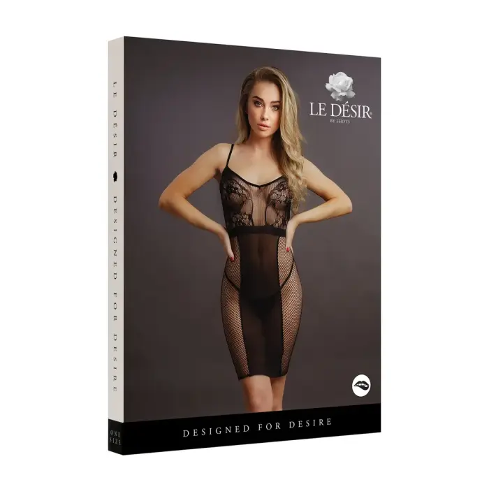 Knee-Length Lace and Mesh Dress – Black – One Size