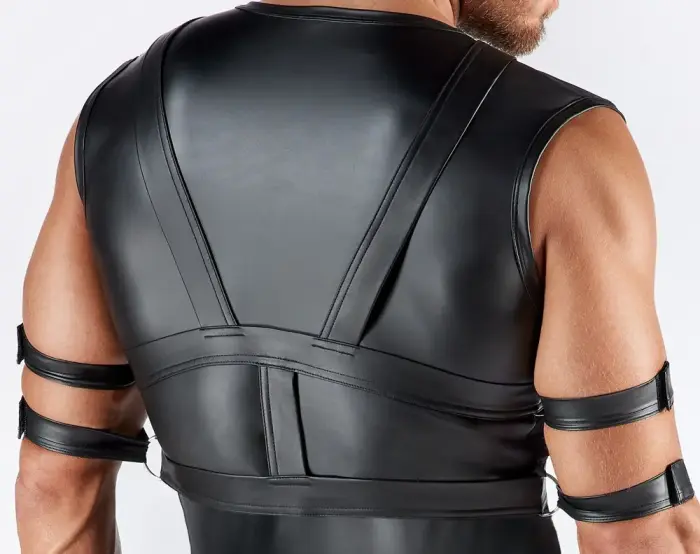 Svenjoyment BONDAGE vīriešu krekls bez piedurknēm ar siksnu sistēmu un aprocēm – melns – XL Foto 7