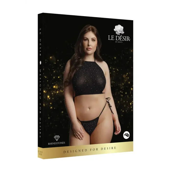 Festive Rhinestone Top and Thong Set – Plus Size – Black
