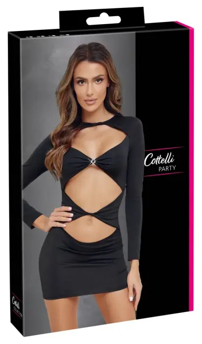 Cottelli PARTY мини-платье с длинными рукавами, вырезами и декоративными стразами – чёрное – L