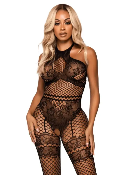 Leg Avenue Mesh Bodysuit with Faux Lace Design – Black – One Size