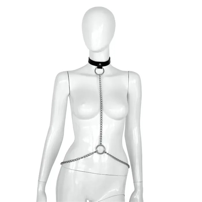 Deluxe Black Leather Collar with Silver Chains