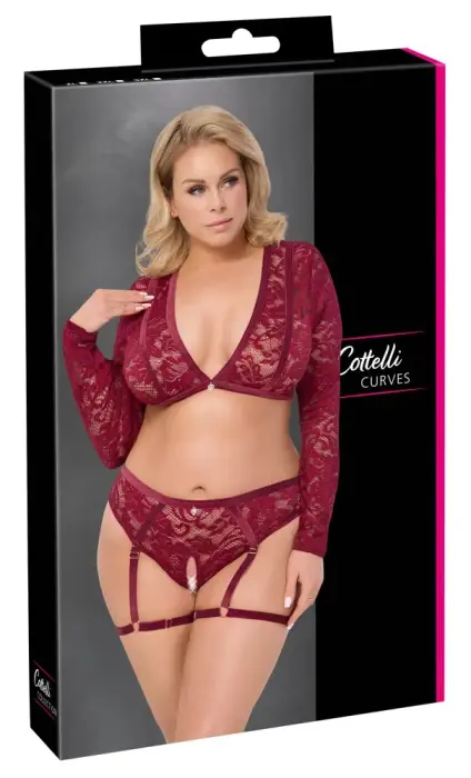 Cottelli CURVES Red Lace and Velvet Lingerie Set with Suspender Briefs and Long Sleeves – XL