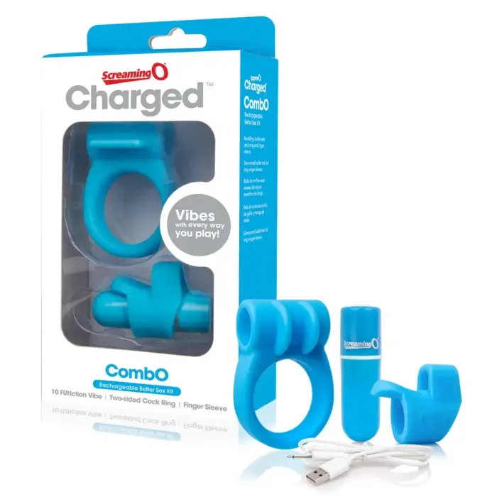 The Screaming O Charged CombO Kit #1 – rechargeable bullet, ring & finger sleeve – blue
