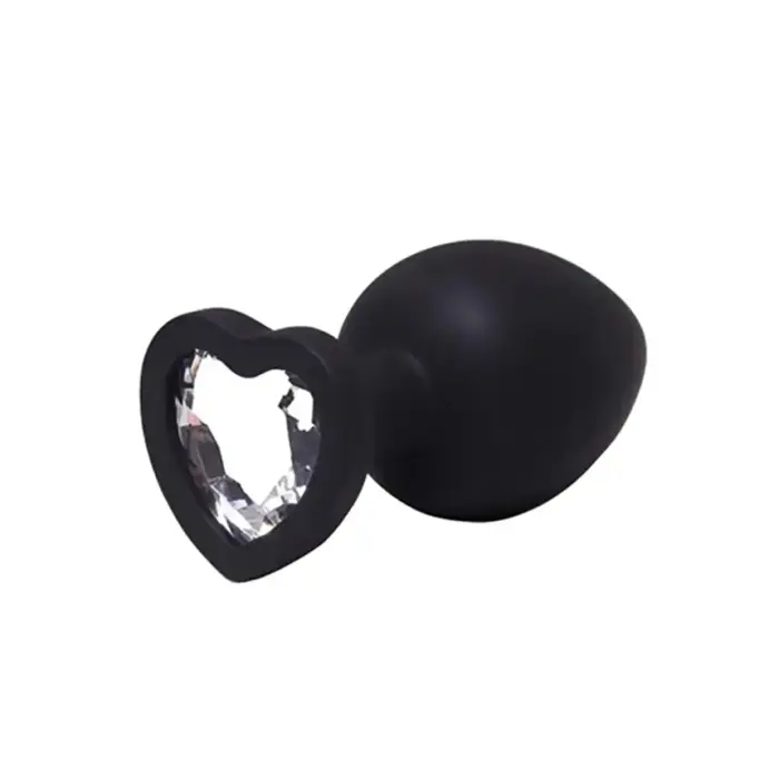 Black Heart-Shaped Butt Plug with White Crystal – L – 9 cm