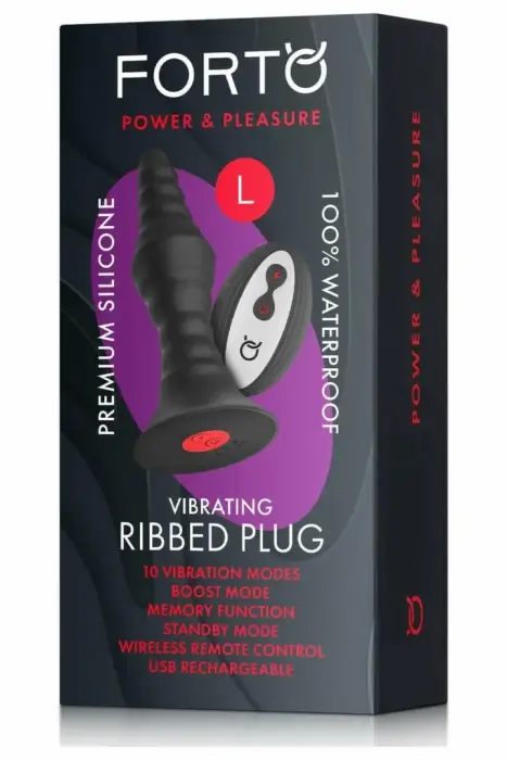 FORTO Vibrating Ribbed Plug Large – anal plug – silicone – black – remote control