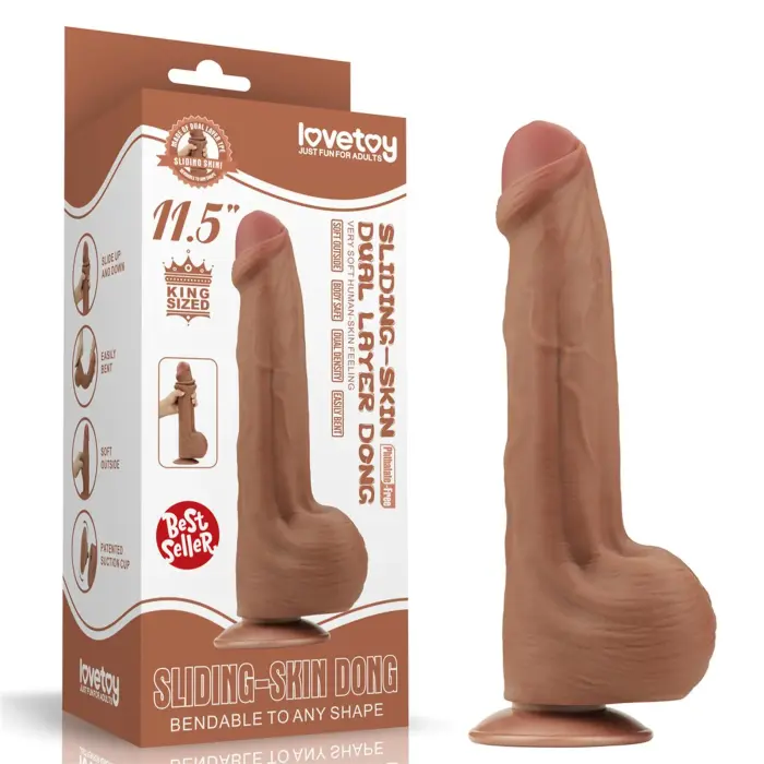 LoveToy King Sized Sliding Skin Dual Layer Dong – realistic dildo – TPE – brown – 29.2 cm