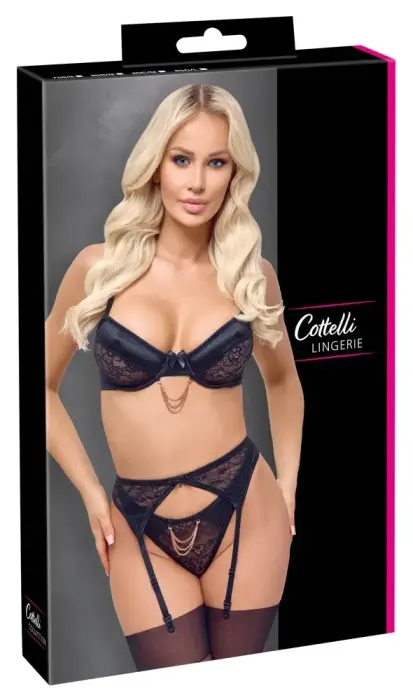 Cottelli Lingerie Bra Set Chain 80C/M Black Lace & Satin Trio