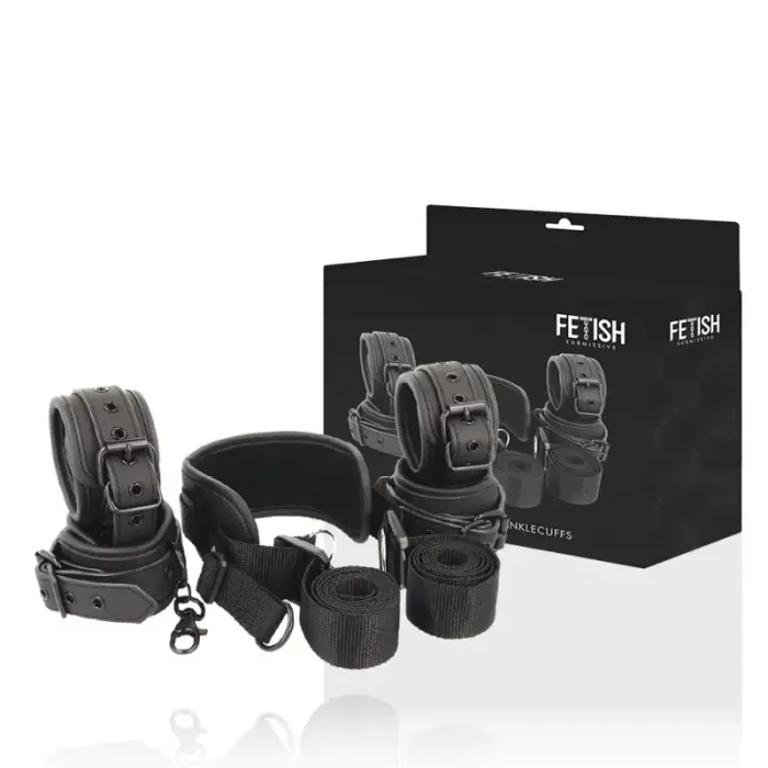 Fetish Submissive Master Set with 4 Neoprene-Lined Restraints, Adjustable – Black