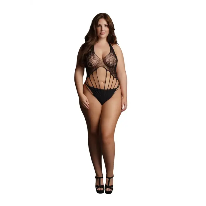 Mežģīņu bodijs ar lencītēm – Plus size – melns Foto 8