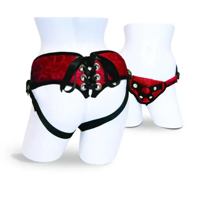 Sportsheets Sunrise – lace corsette strap-on harness – red