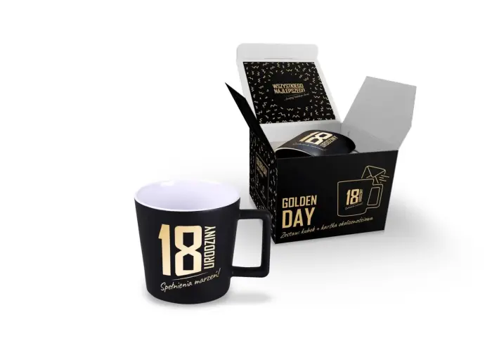 GOLDEN DAY kinkekomplekt – kruus 350 ml + kaart – 18. sünnipäev