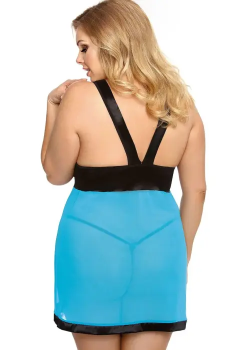 LIESSA XXL+ Бирюзовая сорочка с чёрными акцентами и стрингами Фото num