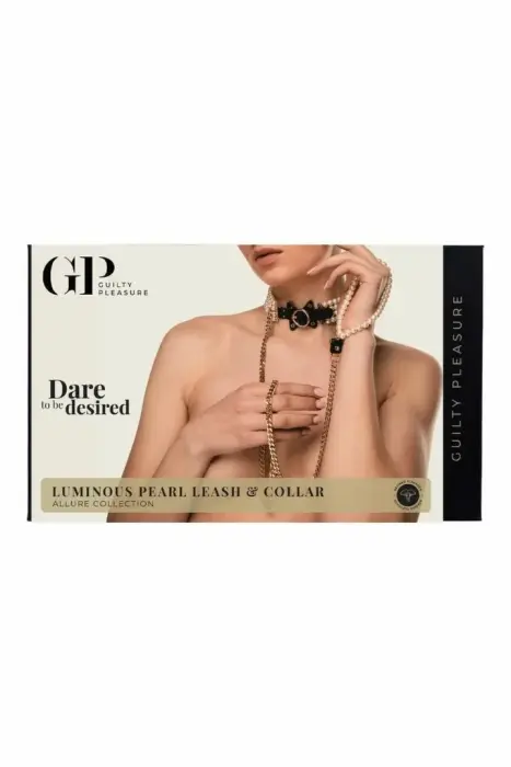 Guilty Pleasure Luminous Pearl Leash & Collar Set – vegāna āda – mākslīgās pērles – zelts