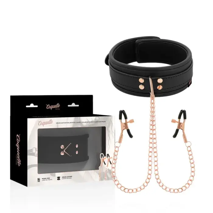 Coquette Chic Desire Vegan Leather Collar with Adjustable Chain Clips – Black