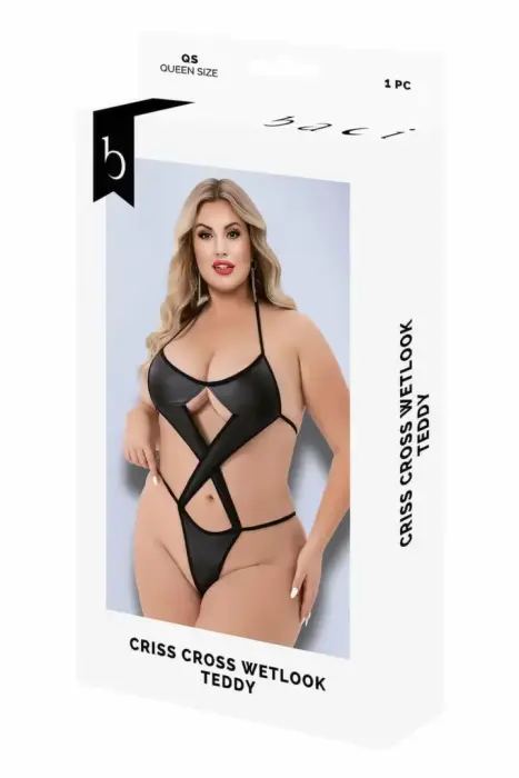 Baci Criss Cross Wetlook Bodysuit – Black – Queen Size