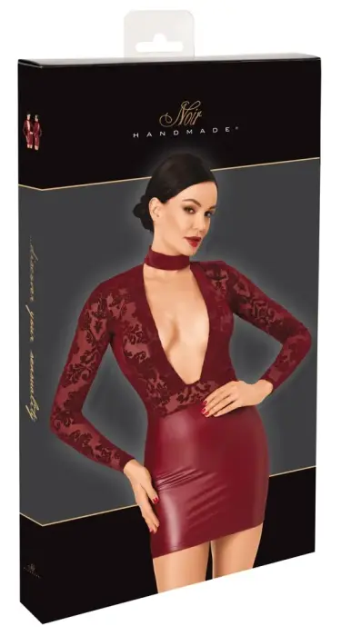 Noir Handmade – two-piece look mini dress with flock powernet top and choker – burgundy – L