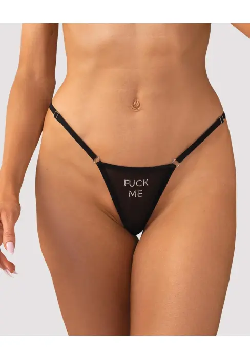 Violami "F*ck Me" Rhinestone Mesh Thong – Black – L