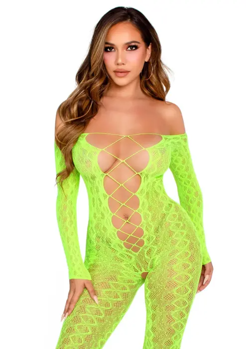 Crotchless Footless Mesh Bodysuit – Green – One Size