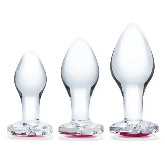 Glas Heart Jewel – stikla anālo aizbāžņu komplekts ar sirds akmeni – 3 gab.