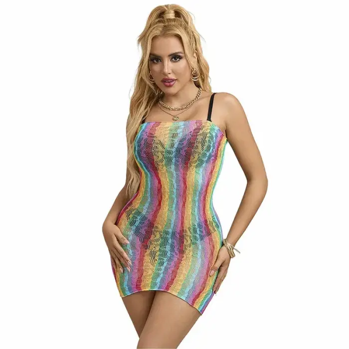 Subblime 952457 Rainbow Off-Shoulder Fishnet Dress – One Size