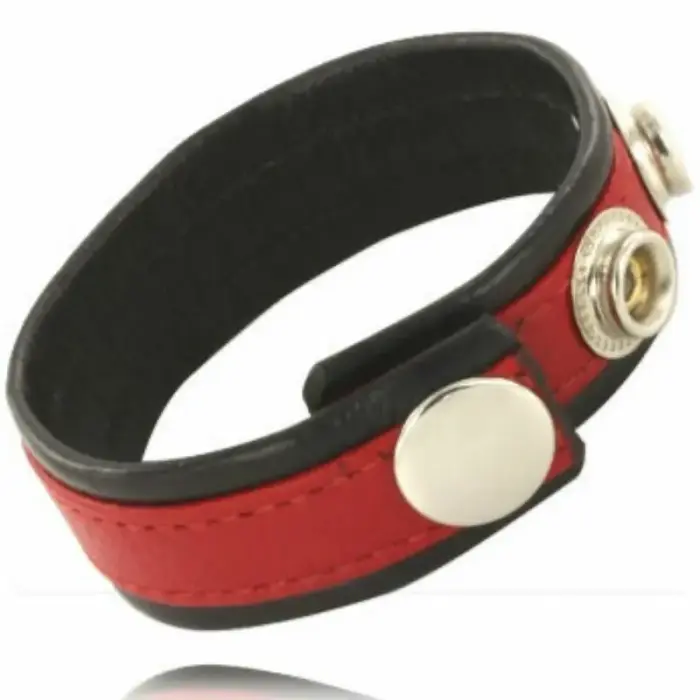 Metal Hard – adjustable leather cock and ball strap with metal hooks – red/black