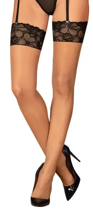 Obsessive Serafina Stockings with Floral Lace Trim – Nude – XL/2XL