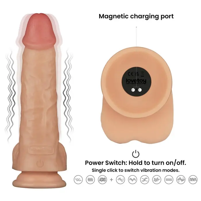LoveToy Power Basics Cock – rechargeable vibrating realistic dildo with suction cup – 22.8 cm (9 inch)
