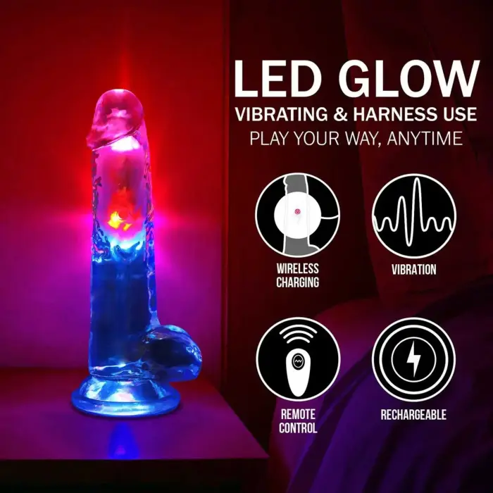 LED vibrējošs taisns vibrators ar bumbiņām – 20 cm – caurspīdīgs Foto 7